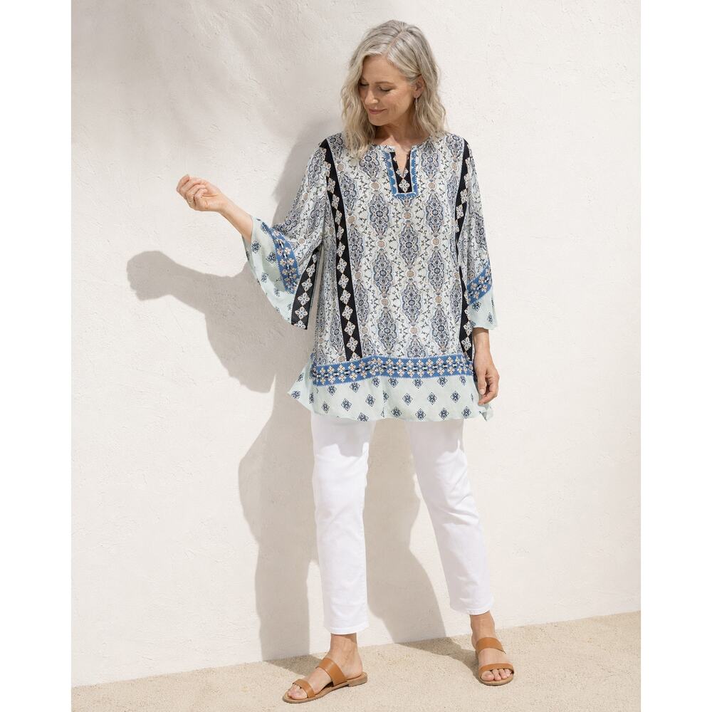 J.Jill Blue Paisley Patchwork Rayon Tunic Blouse Medium Boho Lagenlook
